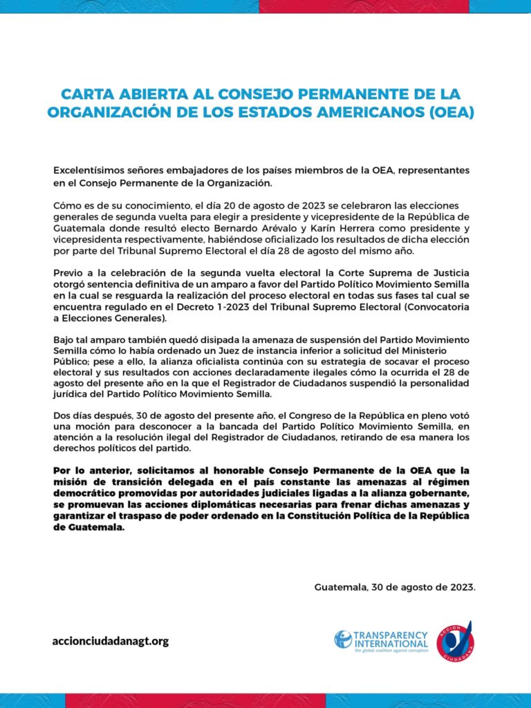 CARTA ABIERTA AL CONSEJO PERMANENTE DE LA ORGANIZACIÓN DE LOS ESTADOS AMERICANOS (OEA)